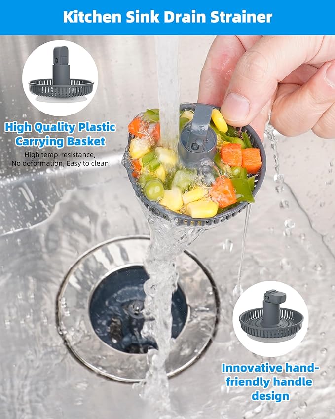 Hibbent 3 in 1 Kitchen Sink Drain Strainer and Stopper Combo, Chrome Stainless Steel Wraped Shell, 3 Anti-Clogging Basket Strainer with Foldable Handle for US Standard 3-1/2" Drain