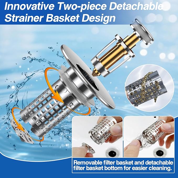 Sink Stopper Hair Catcher(New-2pcs), Pop-up Sink Drain Strainer with Removable Stainless Steel Strainer Basket Hair Catcher, Bathroom Sink Strainer for Bathroom Sink Stopper Replacement