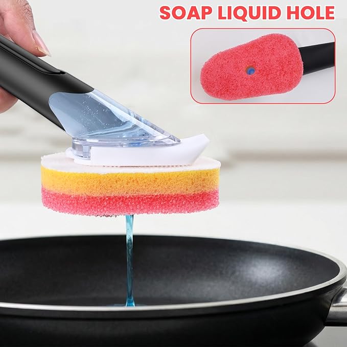Soap Dispensing Replacement Dish Brush Storage Set with 10 PCS Sponge Refills & Holder - RIMAY Dispenser Scrub Cleaning Scrubber Kitchen Dishwashing Dish Wand Handle for Dishes/Pans/Pots/Sink(Pink)