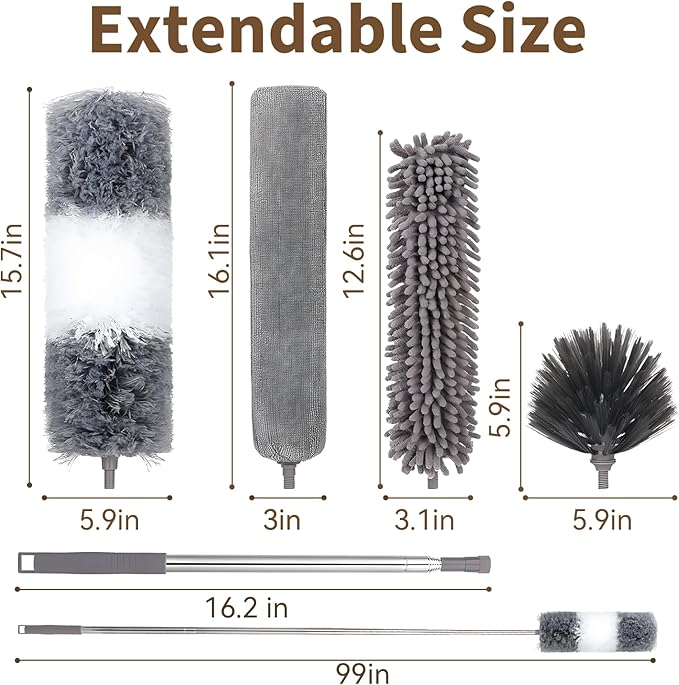 HAMEINY Feather Duster for Cleaning Microfiber Furniture Dusters with Extension Pole 100 Inch High Ceiling Fan Cleaning 5-in-1 Extendable Long Cobweb Duster Car Wall Spider Web Dust Brush