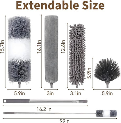 HAMEINY Feather Duster for Cleaning Microfiber Furniture Dusters with Extension Pole 100 Inch High Ceiling Fan Cleaning 5-in-1 Extendable Long Cobweb Duster Car Wall Spider Web Dust Brush