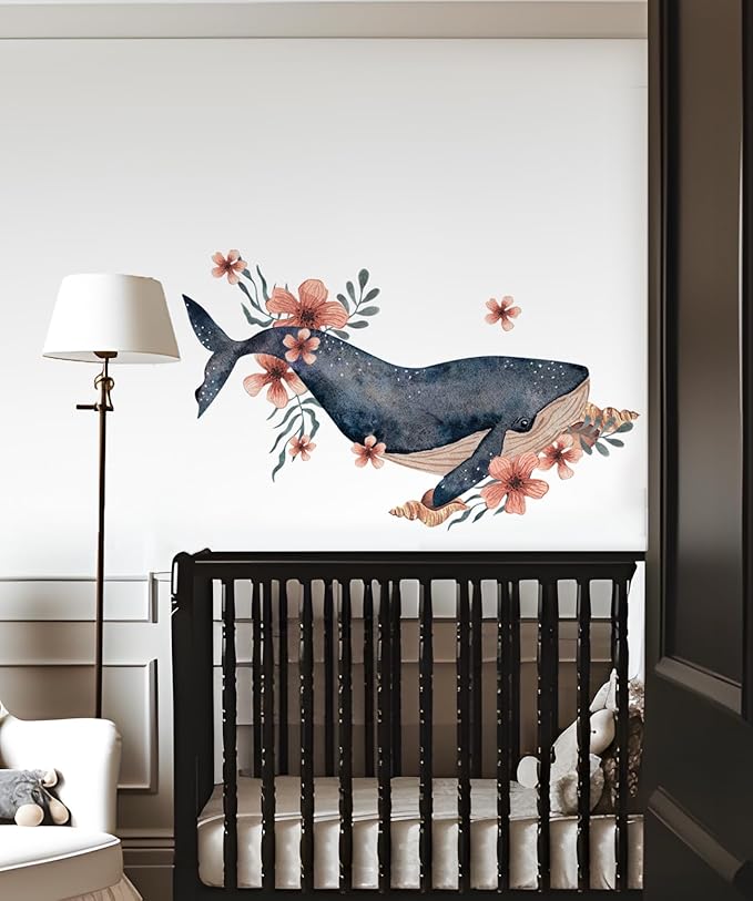 Alwayspon Dark Bule Whale Wall Decals Vinyl Removable Wall Murals Peel and Stick Self Adhesive House Wall Sticker Decor for Bedroom Living Room Nursery