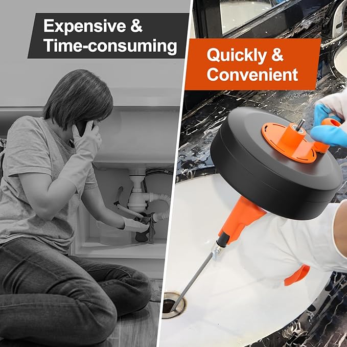 Drain Snake, 25ft Flexible Steel Drain Auger With Drill Adapter, Plumbing Unblocking Hand Auger, Manual Or Powered for Shower & Bathtub Clogs-No auto retract or feed (Orange)