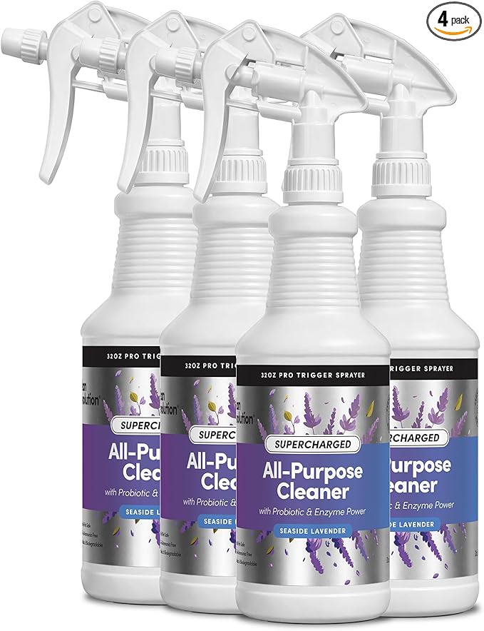 Clean Revolution SuperCharged All Purpose Cleaner Refill with Smart Probiotic + Enzyme Complex, Multi-Surface Kitchen Bathroom & Floor Cleaner, Seaside Lavender, 32 Fl Oz (Pack of 4)