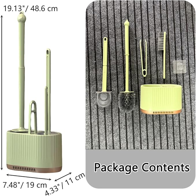 4 in 1 Toilet Cleaner Brush Toilet Bowl Brush and Holder Set Silicone Toilet Brush，Stuff Floor Standing or Wall Mounted Toilet Scrubber Without Drilling (Light Green)