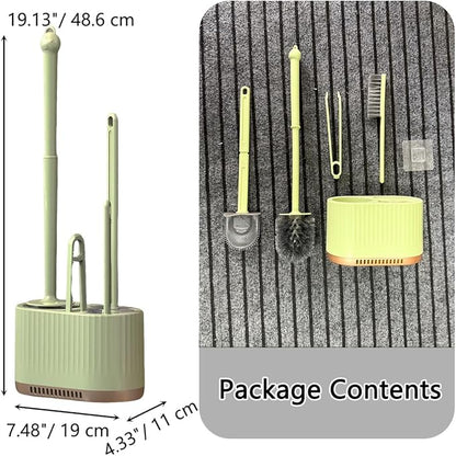 4 in 1 Toilet Cleaner Brush Toilet Bowl Brush and Holder Set Silicone Toilet Brush，Stuff Floor Standing or Wall Mounted Toilet Scrubber Without Drilling (Light Green)