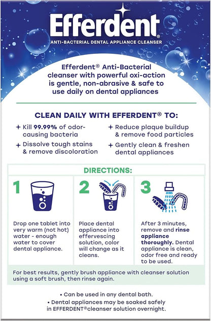 Efferdent Denture Cleaner Tablets – Dental Appliances, Aligners, Mouth Guard, and Retainer Cleaner Tablets, Minty Fresh & Clean, 90 Count