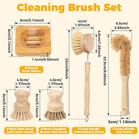 10 Pcs Bamboo Dish Brush Set, Wooden Dish Brush with Long Handle Cup Brush, Short Handle Sisal & Coarse Brushes, Square Rack Tray, Natural Bamboo Bottle Brush for Pots, Pans,Vegetables