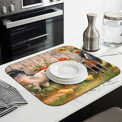 Dish Drying Mat Drainer Pads - Extra Large Microfiber Drying Mats for Dishes Kitchen Counter Super Absorbent Pads for Draining Racks (Rooster,16"x18" )