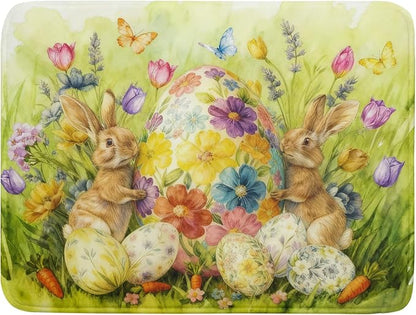 Easter Egg Dish Drying Mat 18x24 Inch Bunny Floral Green Drying Pad for Kitchen Counter Washable