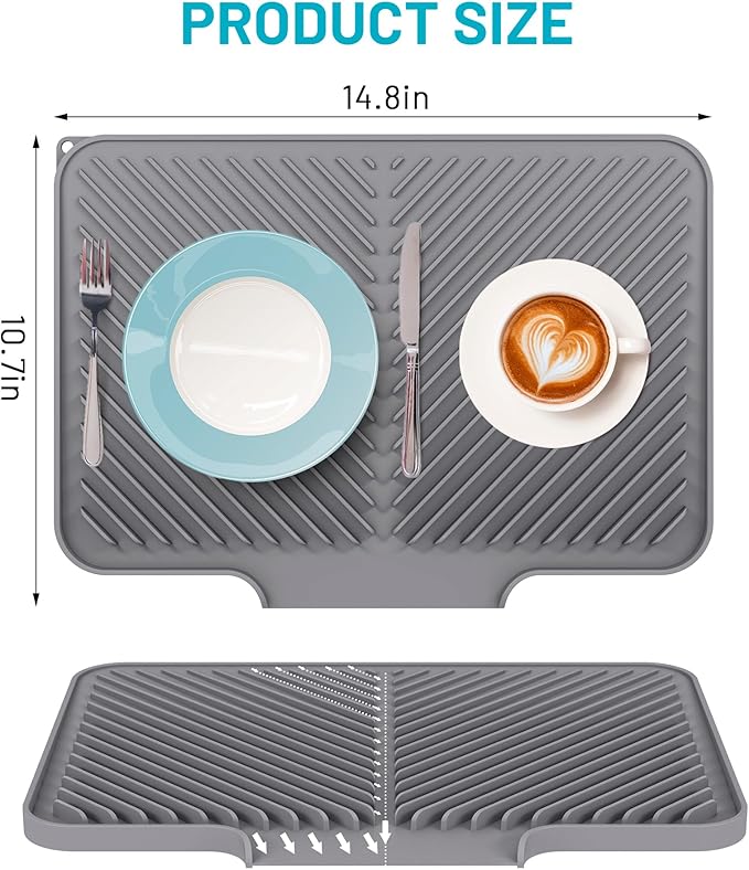Dish Drying Mat Kitchen Counter - Silicone Dish Drying Pad with Built-in Drain for Sink, Refrigerator and Drawer Liner, Easy Clean, Non-Slip, Heat Resistant, 14.8" x 10.7"