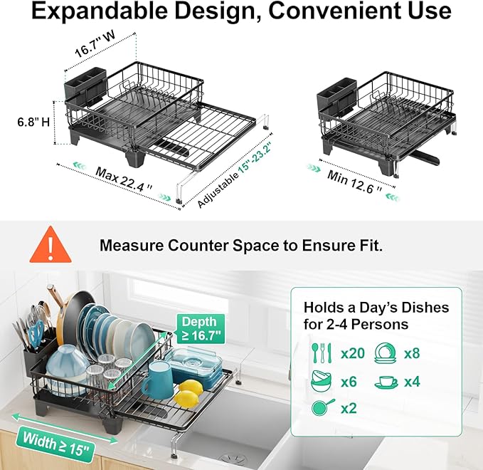 GSlife Expandable Dish Drying Rack and Sponge Holder Set, 2 Piece Large Capacity 2-in-1 Rust Resistant Dish Drainer and Adhesive Brush Holder and Soap Holder, Black