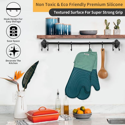 Silicone Oven Mitt Pack,Cotton Lined Gloves, BPA-Free, Long Cooking Mitts and Trivet Mats, Silicone Grilling Gloves for BBQ, 2 Pieces, (Green)