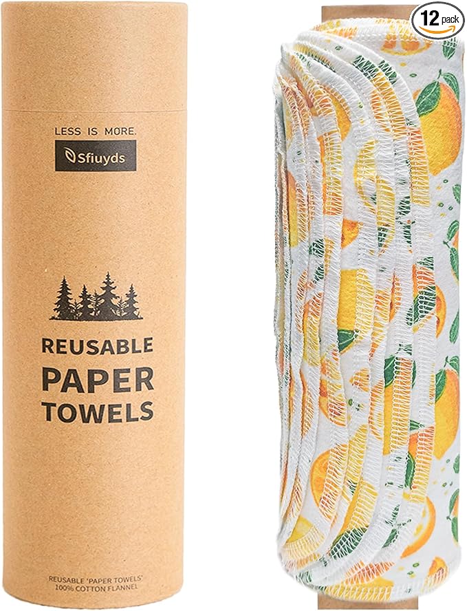 Reusable Paper Towels Washable，Pack of 12 Paperless Napkins Flannel Cotton Cloth 10"X12"with Cardboard Roll，Made to Last - Cut Back and Waste Less Eco Friendly（Lemons）