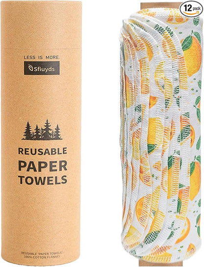 Reusable Paper Towels Washable，Pack of 12 Paperless Napkins Flannel Cotton Cloth 10"X12"with Cardboard Roll，Made to Last - Cut Back and Waste Less Eco Friendly（Lemons）