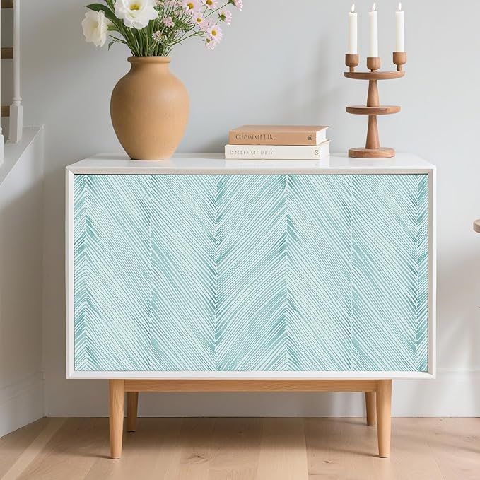 Modern Peel and Stick Wallpaper A Set of 17.3"x1200" Teal Green Herringbone Striped Wall Paper Boho Self-Adhesive Removable Contact Paper for Cabinets Bathroom Bedroom Wall Decor