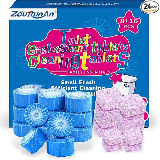 2-in-1 Toilet Cleaning Tablets (24 Pack) - 8 Effervescent Toilet Bowl Stain Remover and 16 Blue Toilet Tank Cleaner Tablets - Limescale Removal for Septic System