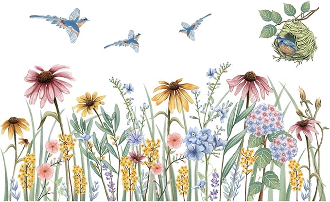 Wildflower Grass Daisy Wall Decals, Garden Floral Birds Flower Wall Stickers, BWCXXZH Self-Adhesive Wall Art Stickers for Girls Bedroom Living Room Nursery Decor