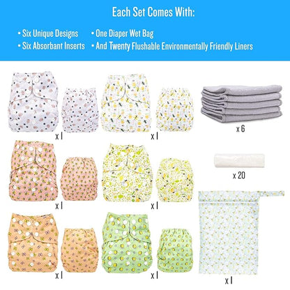 Simple Being Reusable Cloth Diapers, Double Gusset, One Size Adjustable, Washable Soft Absorbent, Waterproof Cover, Eco-Friendly Unisex Baby Girl Boy, six 4-Layers Microfiber Inserts (Bugs)