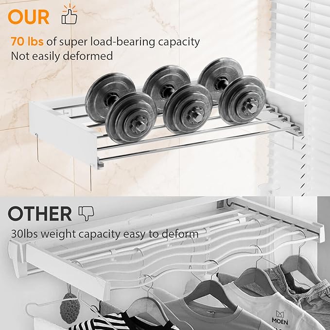 Wall Mounted Clothes Drying Rack, Laundry Drying Rack Clothing Wall Mount, Laundry Hanger Foldable with 2 Towel Handles and Wall Template for Hanging Clothes, Space Saving, 6 Rods, 40 Inch, White
