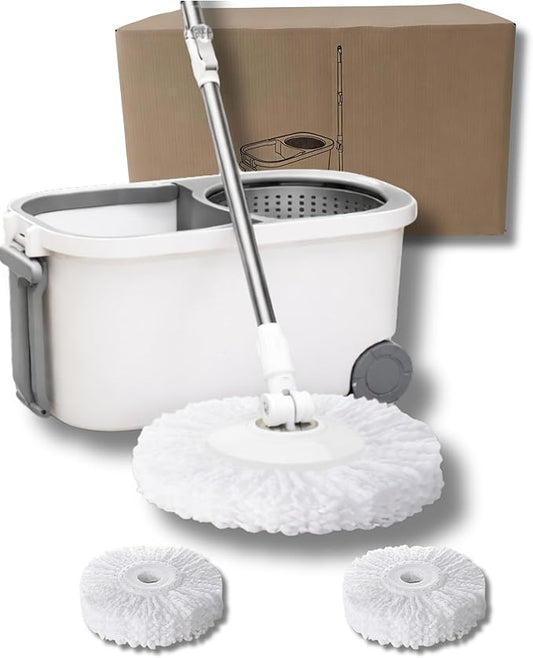 Spin Mop and Bucket System with Wringer, Microfiber Spin Mop and Bucket Set, Stainless Steel Handle, Rolling Mop Bucket with Drain Plug, Includes 3 Mop Heads for Hardwood Tile Floors
