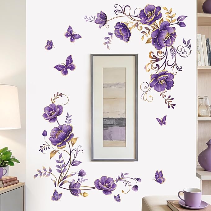 wondever Purple Gold Flowers Wall Stickers Flower Vine Butterfly Floral Peel and Stick Wall Art Decals for Sofa TV Background Living Room Bedroom