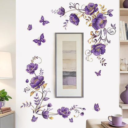 wondever Purple Gold Flowers Wall Stickers Flower Vine Butterfly Floral Peel and Stick Wall Art Decals for Sofa TV Background Living Room Bedroom