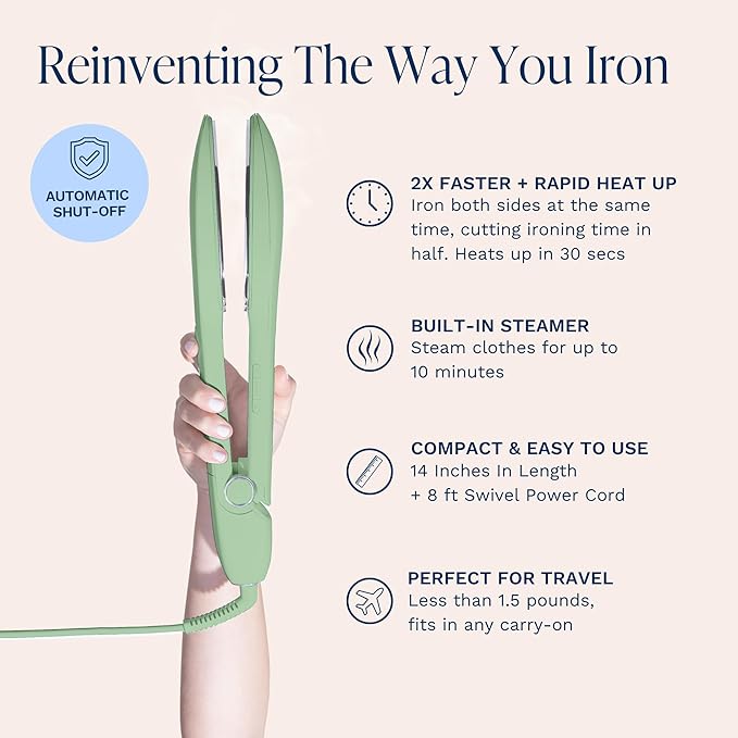 Nori Press Travel Steam Iron - Handheld Iron With Optional Steam Feature - No Ironing Board Required - Easy to Use w/ 6 Fabric Settings - Removes Wrinkles - User Manual Included - Green