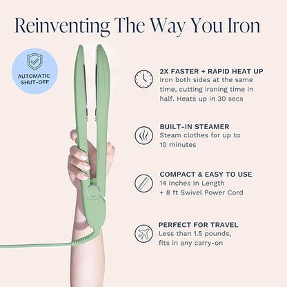 Nori Press Travel Steam Iron - Handheld Iron With Optional Steam Feature - No Ironing Board Required - Easy to Use w/ 6 Fabric Settings - Removes Wrinkles - User Manual Included - Green