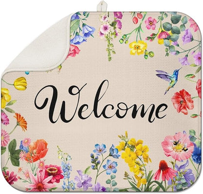 Dish Drying Mat Drainer Pads - Extra Large Microfiber Drying Mats for Dishes Spring Summer Flower Kitchen Counter Super Absorbent Pads for Draining Racks (16"x18" )