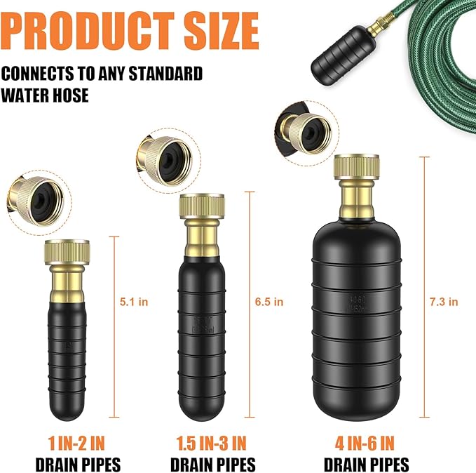 3 Pcs Drain Bladder Kit, Drain Cleaning Bladder Fits 1" to 6" Pipes, Rubber Drain Bladder Unclogger for Bathroom Sinks, Showers, Swimming Pool Drains, Kitchen Sinks and Main Drains