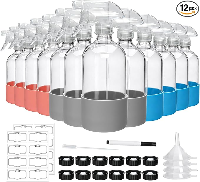 Maredash 16oz Glass Spray Bottles,Empty Reusable Spray Bottles,Glass Spray Bottles for Cleaning,Refillable Containers with Spray Nozzles for Cleaning,Window Cleaner,Hair Care,Flowers12 Pack