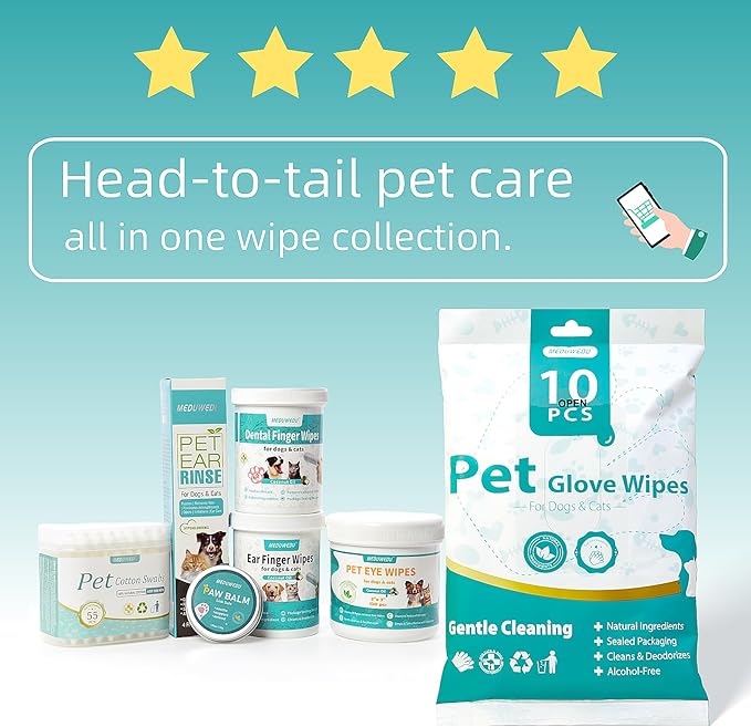 [10 Count] No-Rinse Pet Glove Wipes – 5-Finger Design, Coconut Oil & Aloe, Hypoallergenic Grooming Mitts for Dogs & Cats