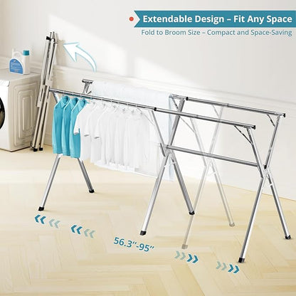 JAUREE 95 Inches Clothes Drying Rack, Drying Rack Clothing Folding Indoor Outdoor, Heavy Duty Stainless Steel Laundry Rack, Foldable Portable Large Clothes Rack Garment Rack with 20 Windproof Hooks