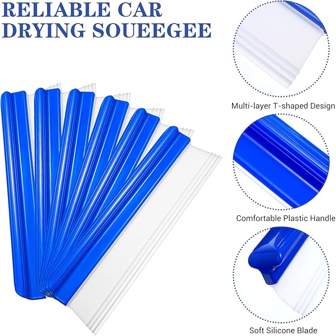 6 Pack 12” Silicone Car Drying Squeegee, 3-Layer T-Bar Water Blade Professional Automotive Water Wiper, Wash Cleaner Wiper for Car Window Glass Bathroom