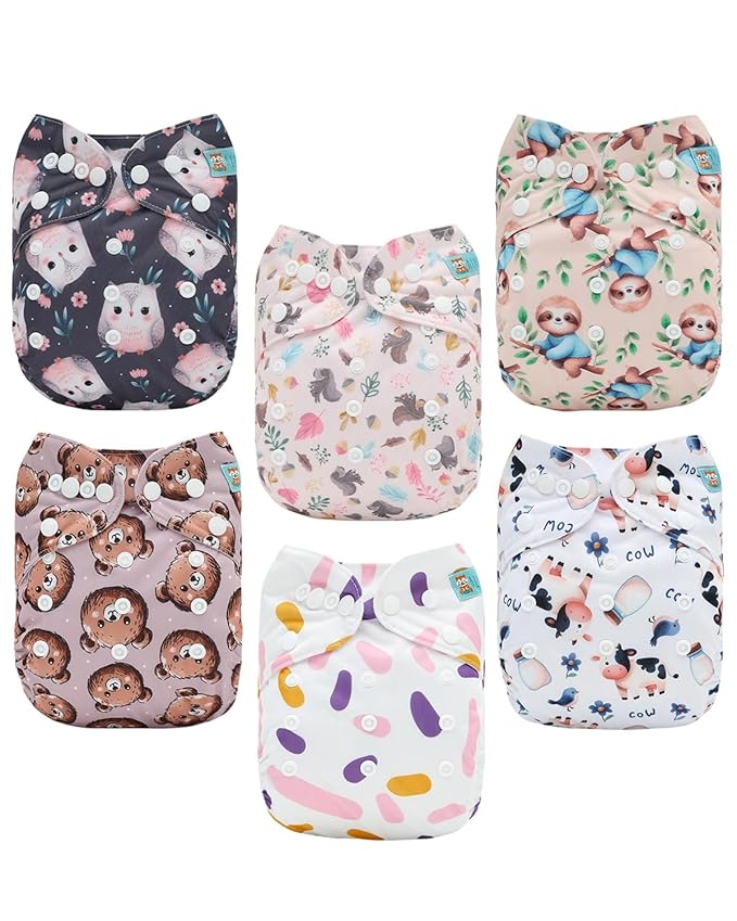 ALVABABY Baby Cloth Diaper 6 Pack with 12 Inserts One Size Cloth Diaper Covers Adjustable Washable Reusable for Baby Girls and Boys