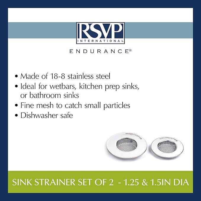 RSVP International Stainless Steel Kitchen Sink Strainer, Food Scrap Trap, Dishwasher Safe, Stainless Steel, Strainer Set of 2 Assorted