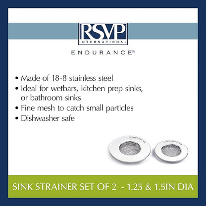 RSVP International Stainless Steel Kitchen Sink Strainer, Food Scrap Trap, Dishwasher Safe, Stainless Steel, Strainer Set of 2 Assorted