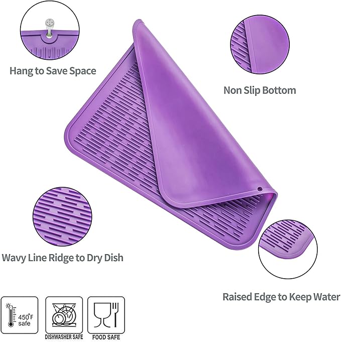 MicoYang Silicone Dish Drying Mat for Multiple Usage,Easy clean,Eco-friendly,Heat-resistant Silicone Mat for Kitchen Counter or Sink,Refrigerator or Drawer Liner Purple 2XL 24 inches x 18 inches