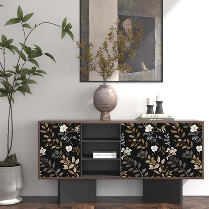 Laatse Black Floral Wallpaper Peel and Stick Vintage Leaf Contact Paper Waterproof Self Adhesive Removable Modern Boho Wall Paper for Bedroom Cabinets Kitchen Locker Drawer 17.5"X118"