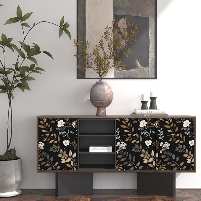 Vintage Wallpaper Peel and Stick Black Floral Wall paper 17.5'' x 393'' Gold Leaf Contact Paper Waterproof Self Adhesive Removable Modern Boho Walls Murals for Bedroom Cabinets Kitchen Locker Drawer