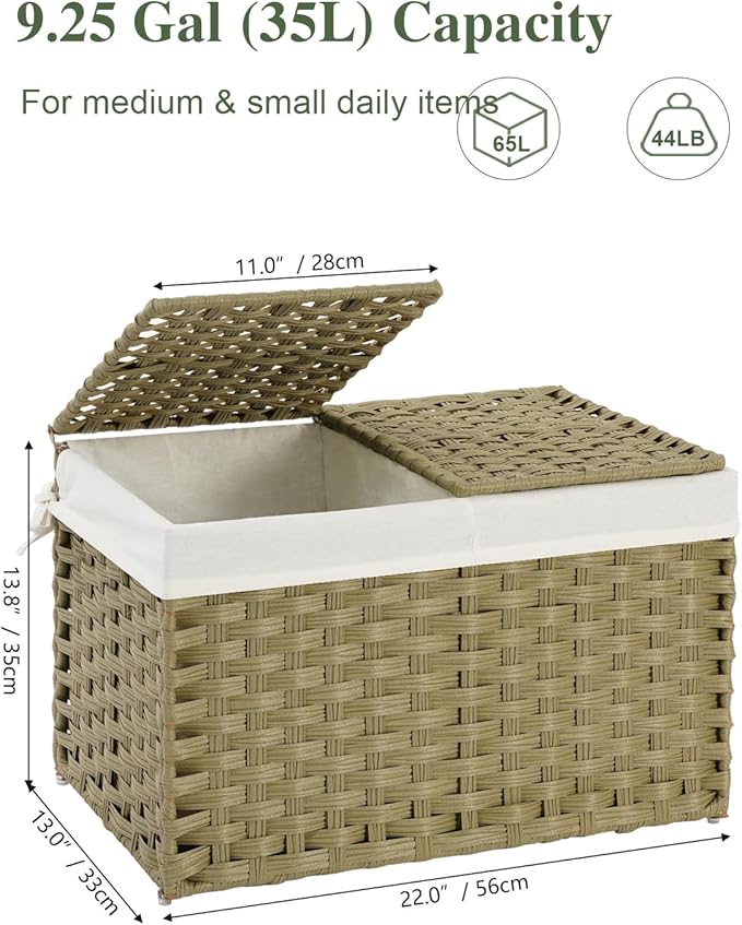 Storage Basket with Lid Rattan Woven Storage Baskets with 2 Separate Lids, 17.2 Gallon (65 L), Wicker Storage Bins Foldable, 2 Removable Liner Bags Handles for Bedroom, Laundry Room Green