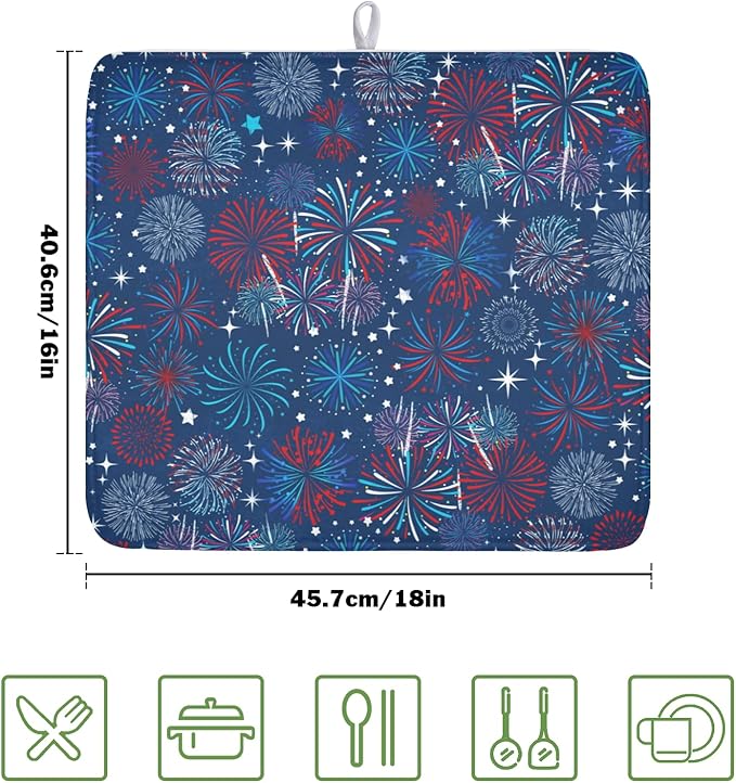 4th of July Patriotic Dish Drying Mat for Kitchen Counter 16 x 18 Inch Independence Day Dish Drainer Mat Absorbent Microfiber Firework Dish Rack Pad for Coffee Dining Bar Decor