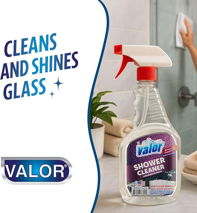 Valor Shower Cleaner Spray – Soap Scum & Hard Water Stain Cleaning Solution for Bathroom, Tub & Tile, (32 Fl Oz (Pack of 12))