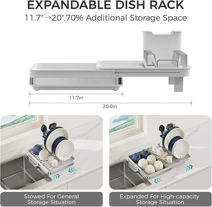 Collapsible dish drying rack,stainless steel foldable dish rack with cutlery holder,multifunctional expandable big capacity dish drainer board,Space Saving extendable dish holder