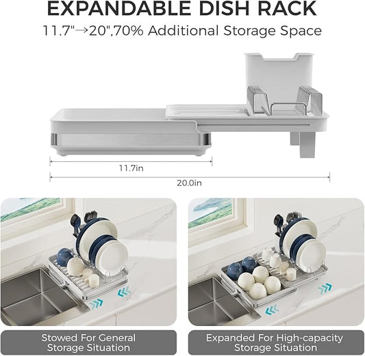 Collapsible dish drying rack,stainless steel foldable dish rack with cutlery holder,multifunctional expandable big capacity dish drainer board,Space Saving extendable dish holder