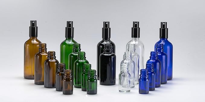 YIZHAO Green Glass Spray Bottles 2oz, with Small Fine Mist Spray, Metal Cap, Refillable for Essential Oil,Travel,Cleaning,Perfume,Aromatherapy,Makeup – 12 Pcs