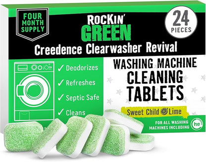 Rockin' Green Deep Cleaning and Deodorizing Tablets for Dishwashers, Washing Machines, and Garbage Disposals, Removes Odor and Residue (Washing Machine Cleaning Tablets, 24 Pack)