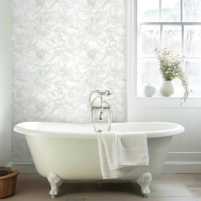 Ismoon Large Floral Peel and Stick Wallpaper Boho White and Green Contact Paper 17.3inx6.5ft Modern Wall Paper Removable Self Adhesive Vinyl Wallpaper for Bedroom Cabinet Bathroom Mural Wall Decor