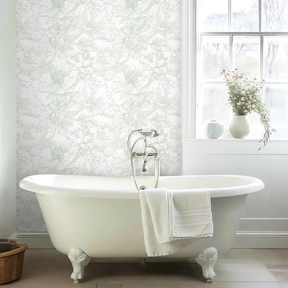 Ismoon Large Floral Peel and Stick Wallpaper Boho White and Green Contact Paper 17.3inx32.7ft Modern Wall Paper Removable Self Adhesive Vinyl Wallpaper for Bedroom Cabinet Bathroom Mural Wall Decor